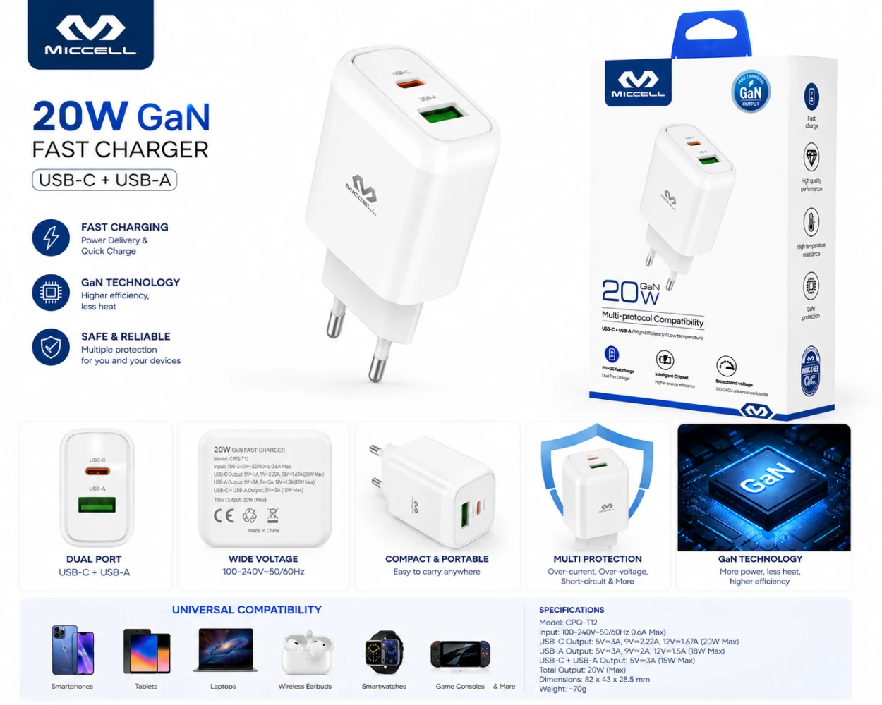 TÊTE CHARGEUR RAPIDE 20W MICCELL - BLANC